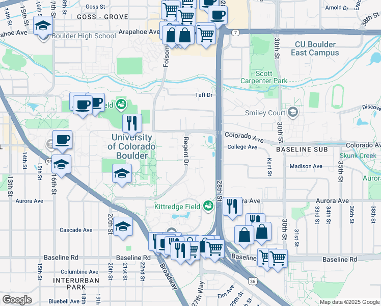 map of restaurants, bars, coffee shops, grocery stores, and more near 3205 Marine Street in Boulder