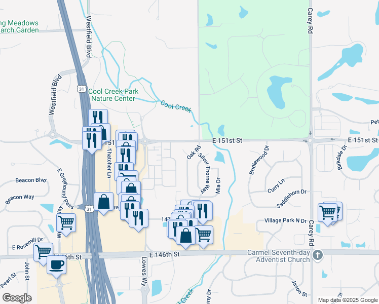 map of restaurants, bars, coffee shops, grocery stores, and more near 15006 Oak Road in Carmel