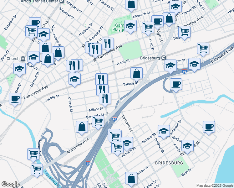 map of restaurants, bars, coffee shops, grocery stores, and more near 2330 Margaret Street in Philadelphia