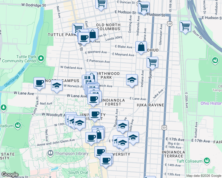 map of restaurants, bars, coffee shops, grocery stores, and more near in Columbus