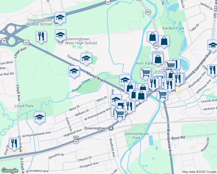 map of restaurants, bars, coffee shops, grocery stores, and more near 323 Stuart Avenue in Downingtown