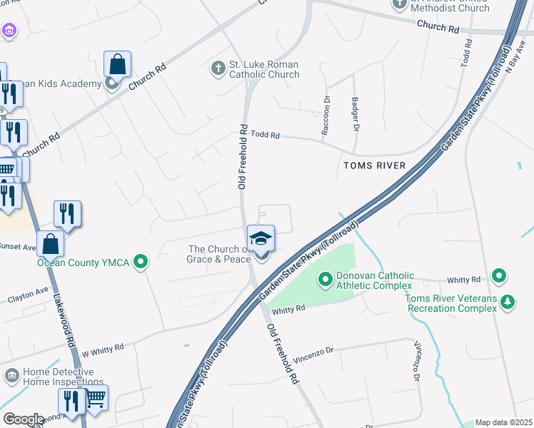 map of restaurants, bars, coffee shops, grocery stores, and more near 1579 Old Freehold Road in Toms River