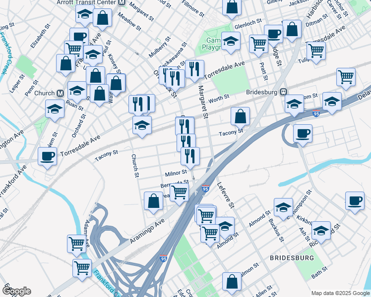 map of restaurants, bars, coffee shops, grocery stores, and more near 2316 Orthodox Street in Philadelphia