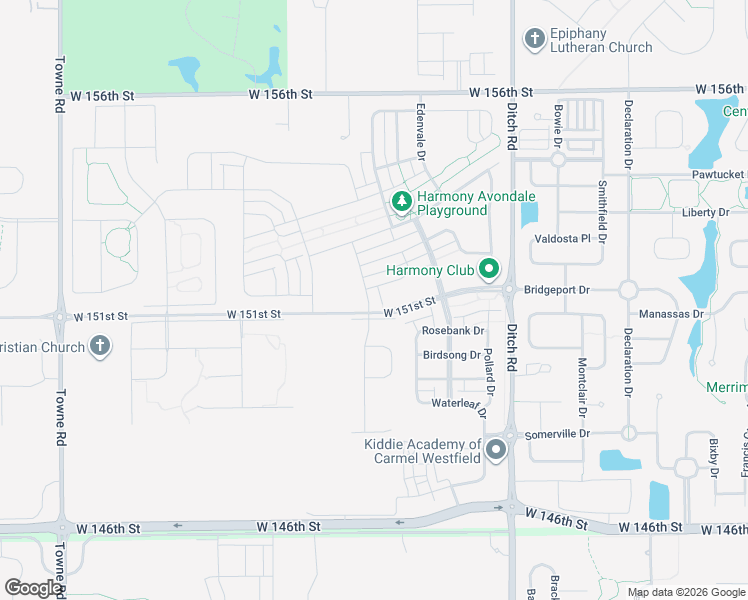 map of restaurants, bars, coffee shops, grocery stores, and more near 15108 Larchwood Drive in Westfield