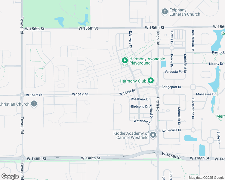 map of restaurants, bars, coffee shops, grocery stores, and more near 15108 Larchwood Drive in Westfield