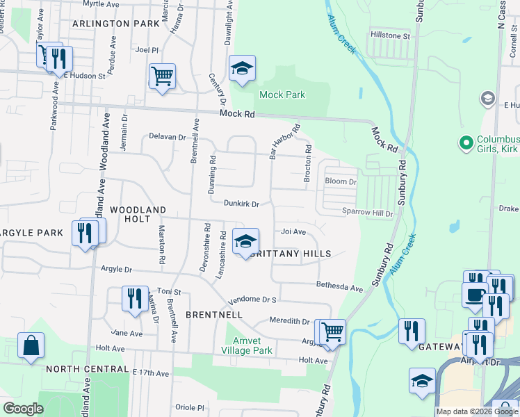 map of restaurants, bars, coffee shops, grocery stores, and more near 2411 Dunkirk Drive in Columbus