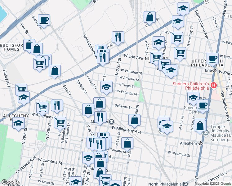map of restaurants, bars, coffee shops, grocery stores, and more near 2141 West Ontario Street in Philadelphia