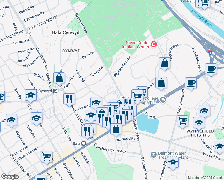 map of restaurants, bars, coffee shops, grocery stores, and more near 117 Minfford Road in Bala Cynwyd