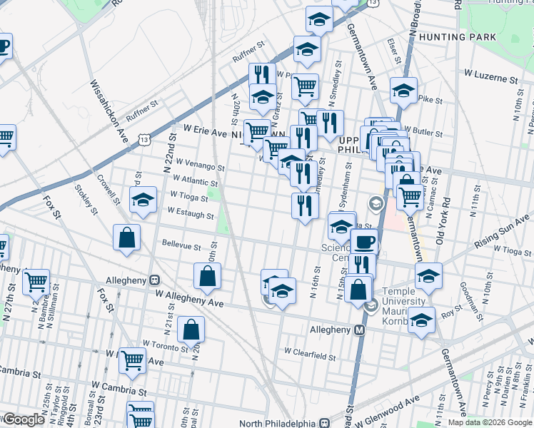 map of restaurants, bars, coffee shops, grocery stores, and more near 3434 North 18th Street in Philadelphia