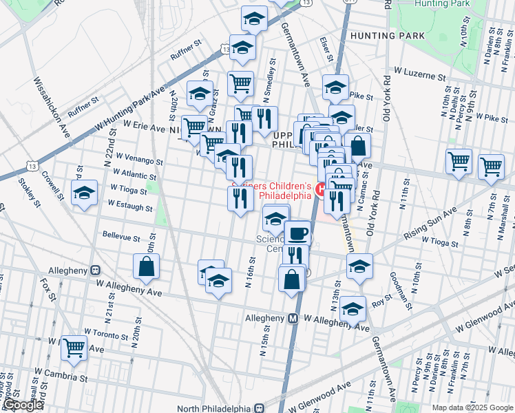 map of restaurants, bars, coffee shops, grocery stores, and more near 1613 West Tioga Street in Philadelphia