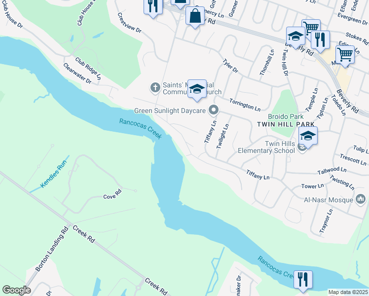 map of restaurants, bars, coffee shops, grocery stores, and more near 35 Beechnut Lane in Willingboro