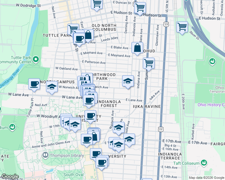 map of restaurants, bars, coffee shops, grocery stores, and more near 2157 Waldeck Avenue in Columbus