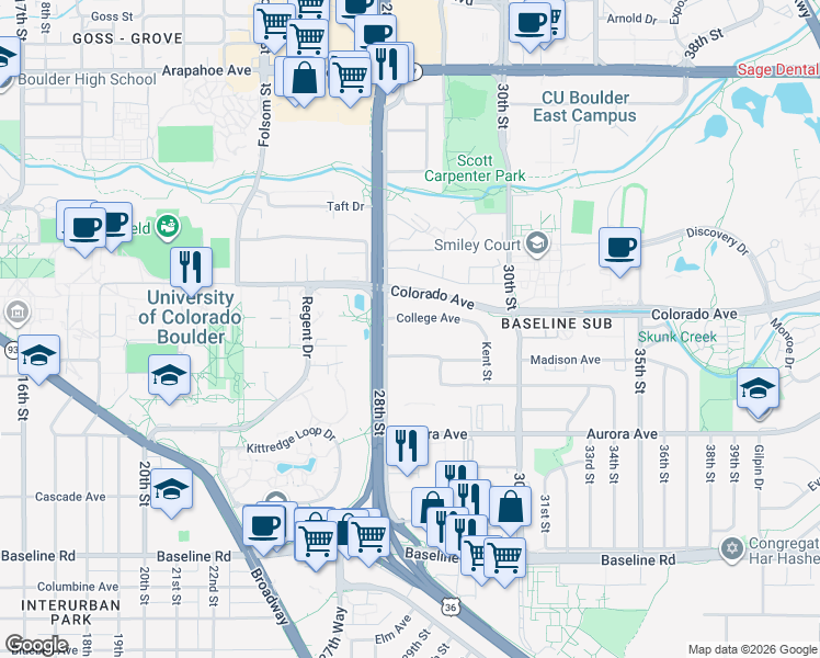 map of restaurants, bars, coffee shops, grocery stores, and more near 103 28th Street Frontage Road in Boulder