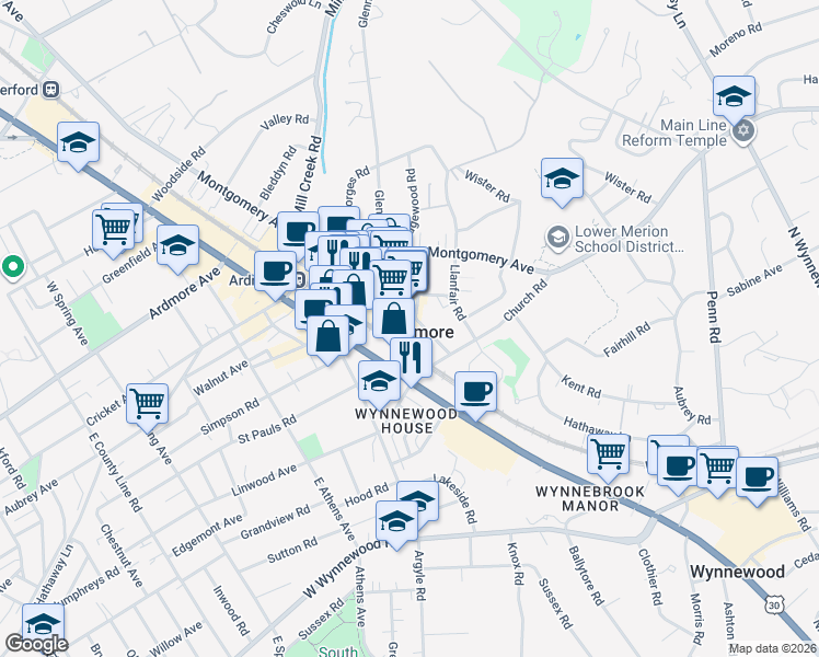 map of restaurants, bars, coffee shops, grocery stores, and more near 110 Sibley Avenue in Ardmore