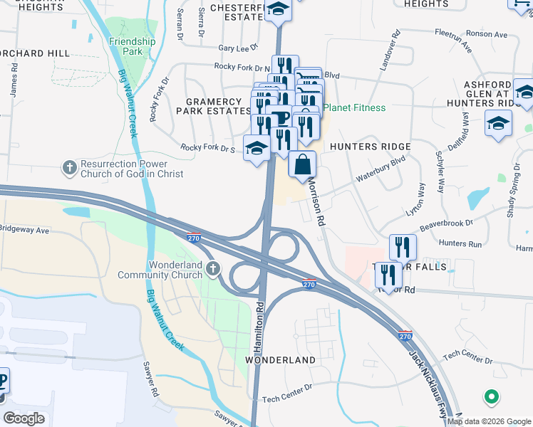 map of restaurants, bars, coffee shops, grocery stores, and more near 300 South Hamilton Road in Gahanna