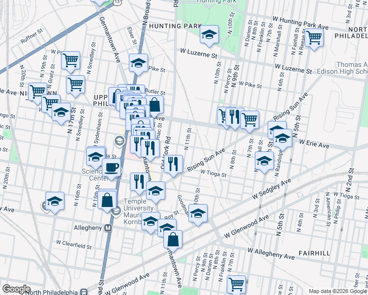 map of restaurants, bars, coffee shops, grocery stores, and more near 3541 North Marvine Street in Philadelphia