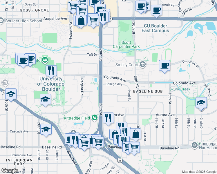 map of restaurants, bars, coffee shops, grocery stores, and more near 103 28th Street Frontage Road in Boulder