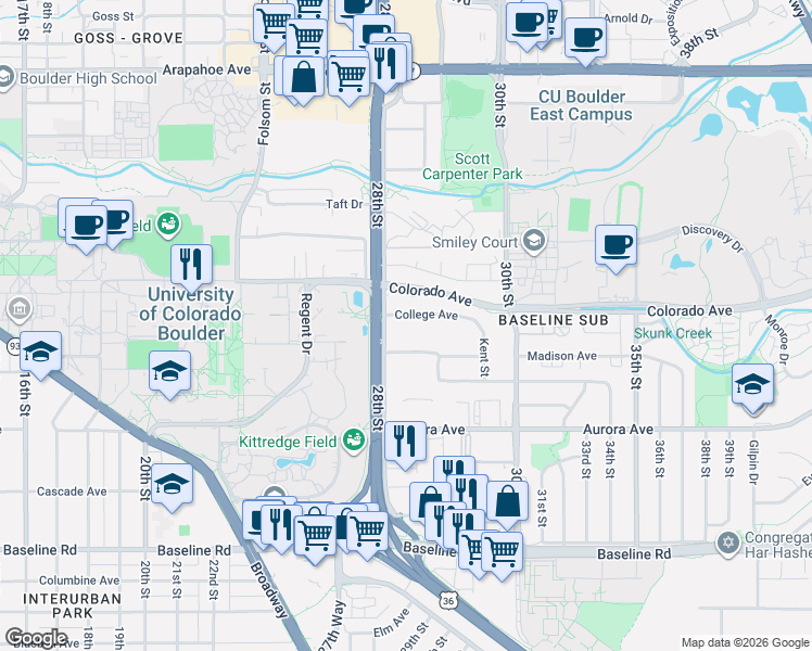 map of restaurants, bars, coffee shops, grocery stores, and more near 2830 East College Avenue in Boulder