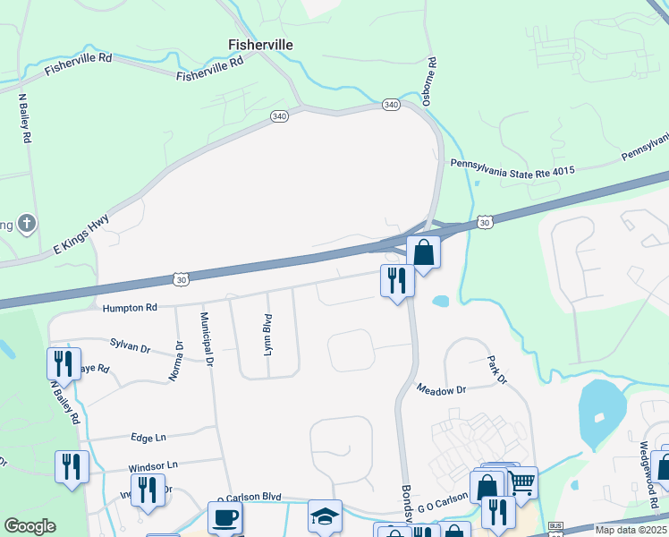 map of restaurants, bars, coffee shops, grocery stores, and more near 3703 Humpton Road in Downingtown
