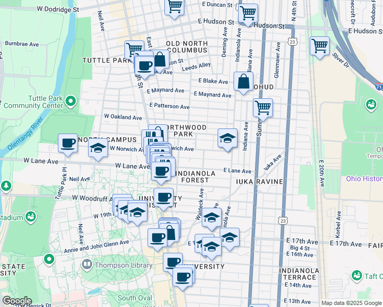 map of restaurants, bars, coffee shops, grocery stores, and more near 111 East Norwich Avenue in Columbus