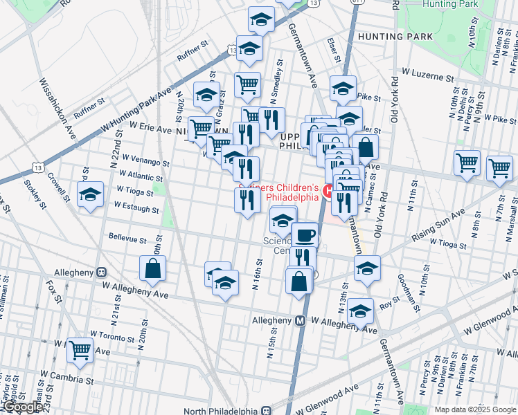 map of restaurants, bars, coffee shops, grocery stores, and more near 1613 West Tioga Street in Philadelphia