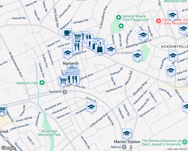map of restaurants, bars, coffee shops, grocery stores, and more near 411 Anthwyn Road in Narberth