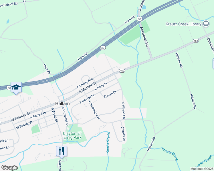 map of restaurants, bars, coffee shops, grocery stores, and more near 405 East Beaver Street in Hallam