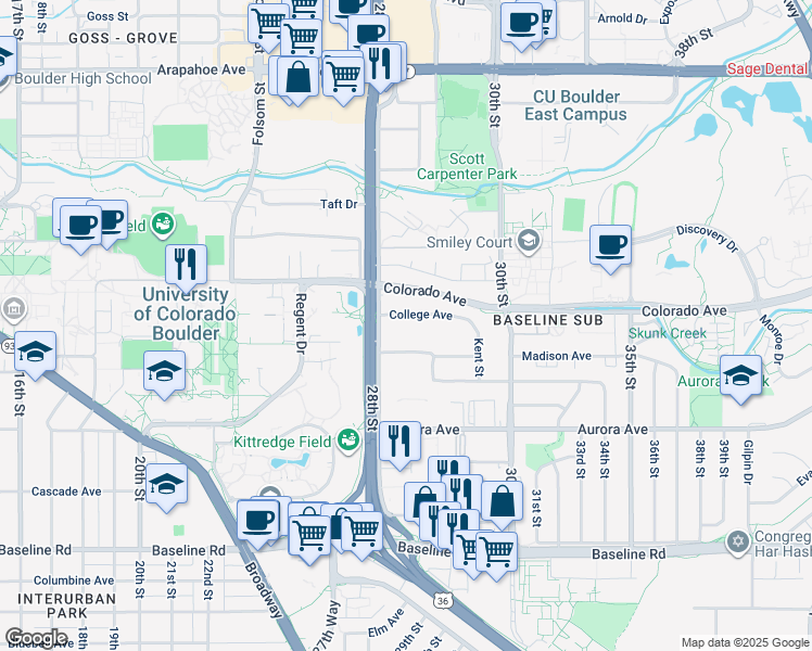 map of restaurants, bars, coffee shops, grocery stores, and more near 2850 College Avenue in Boulder