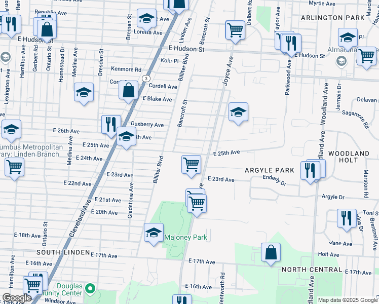 map of restaurants, bars, coffee shops, grocery stores, and more near 1630 East 25th Avenue in Columbus