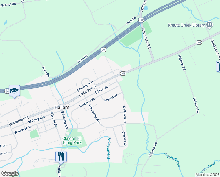 map of restaurants, bars, coffee shops, grocery stores, and more near 425 East Beaver Street in Hallam