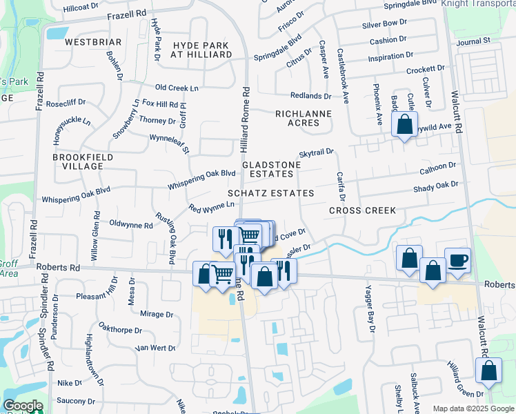 map of restaurants, bars, coffee shops, grocery stores, and more near 5445 Schatz Lane in Hilliard