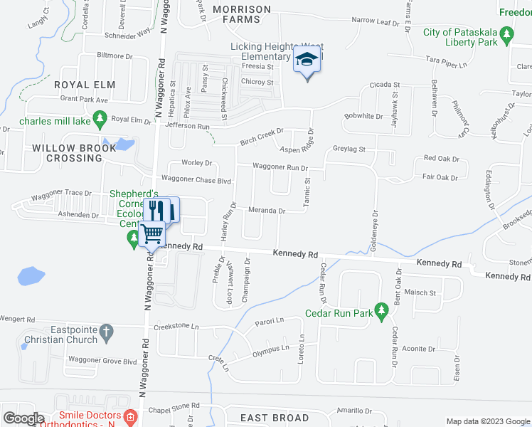 map of restaurants, bars, coffee shops, grocery stores, and more near 1162 Moneca Street in Blacklick