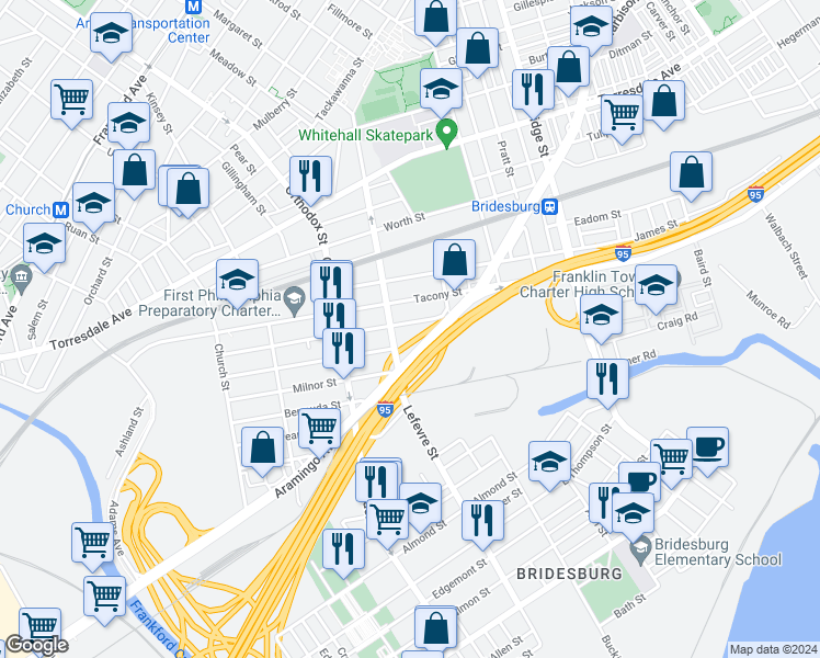 map of restaurants, bars, coffee shops, grocery stores, and more near 4721 Melrose Street in Philadelphia