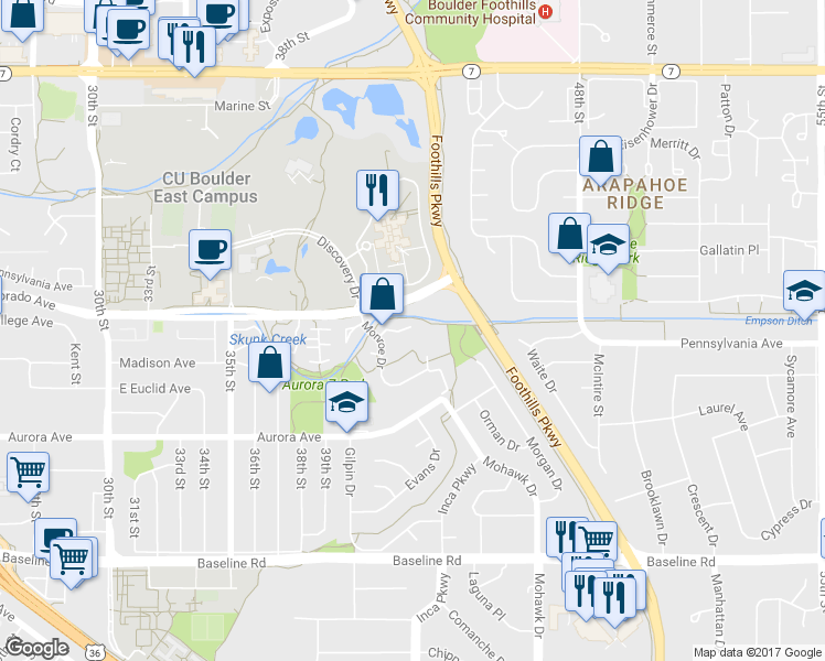 map of restaurants, bars, coffee shops, grocery stores, and more near 1130 Monroe Drive in Boulder