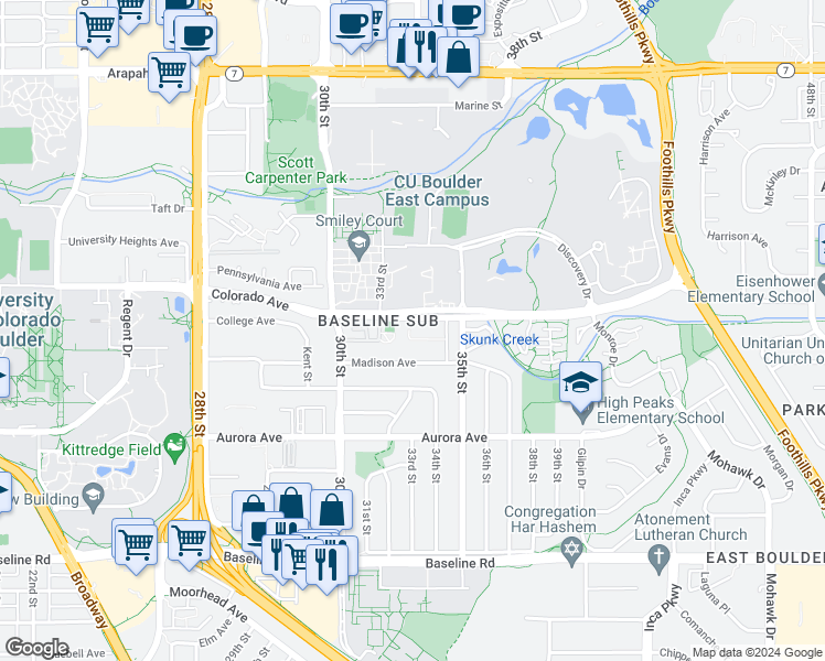 map of restaurants, bars, coffee shops, grocery stores, and more near 3293 Madison Avenue in Boulder