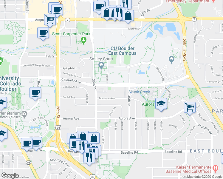 map of restaurants, bars, coffee shops, grocery stores, and more near 3293 Madison Avenue in Boulder