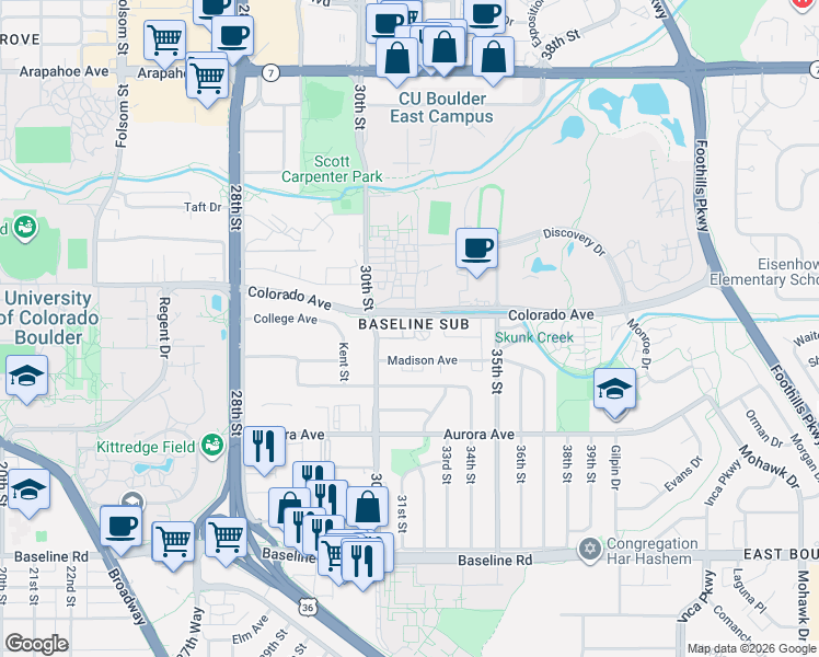 map of restaurants, bars, coffee shops, grocery stores, and more near 3161 Madison Avenue in Boulder