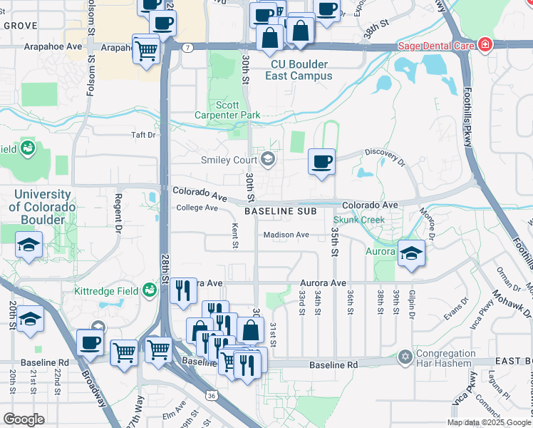map of restaurants, bars, coffee shops, grocery stores, and more near 3161 Madison Avenue in Boulder