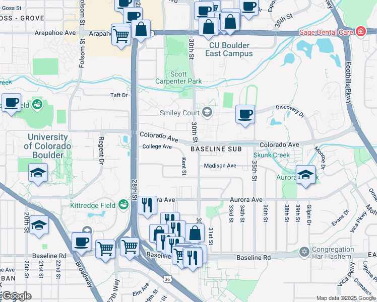 map of restaurants, bars, coffee shops, grocery stores, and more near 1121 30th Street in Boulder