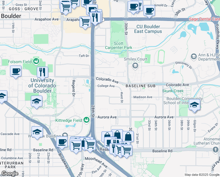 map of restaurants, bars, coffee shops, grocery stores, and more near 222 Village Drive in Boulder