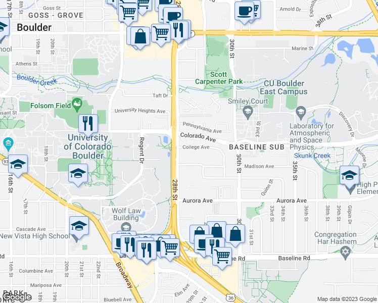 map of restaurants, bars, coffee shops, grocery stores, and more near 103 28th Street Frontage Road in Boulder