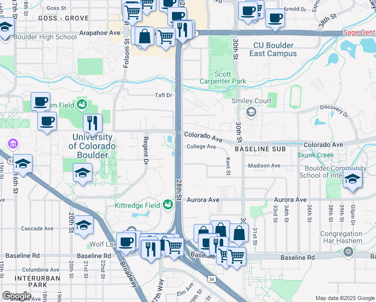 map of restaurants, bars, coffee shops, grocery stores, and more near 103 28th Street Frontage Road in Boulder