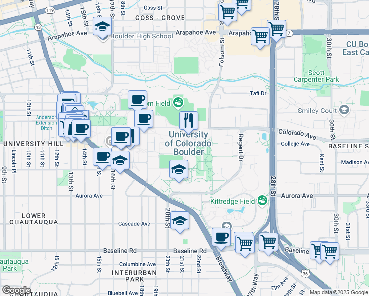 map of restaurants, bars, coffee shops, grocery stores, and more near in Boulder