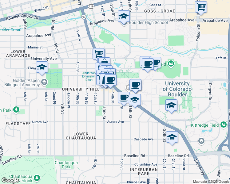 map of restaurants, bars, coffee shops, grocery stores, and more near in Boulder