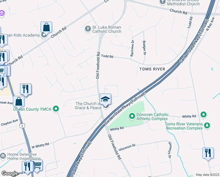 map of restaurants, bars, coffee shops, grocery stores, and more near 1579 Old Freehold Road in Toms River
