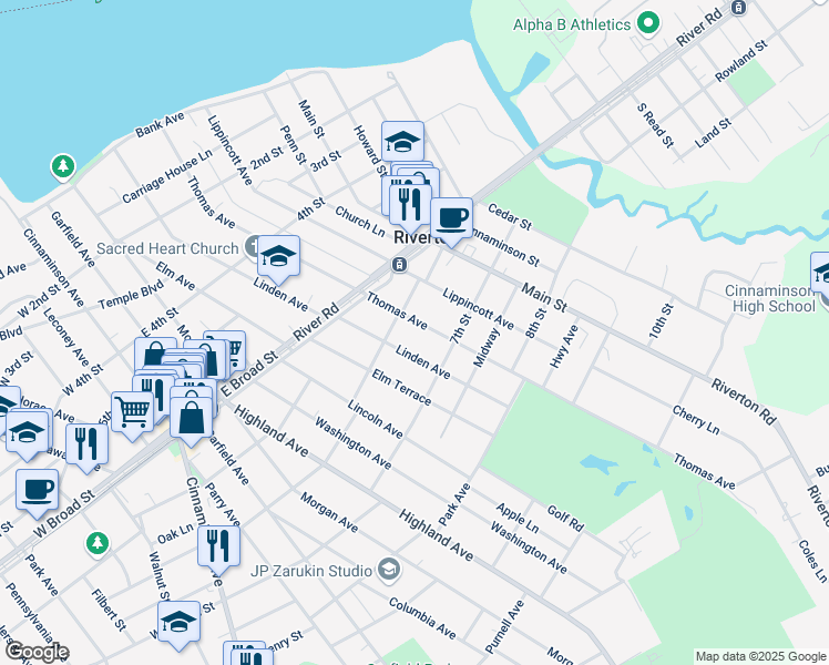 map of restaurants, bars, coffee shops, grocery stores, and more near 632 Thomas Avenue in Riverton