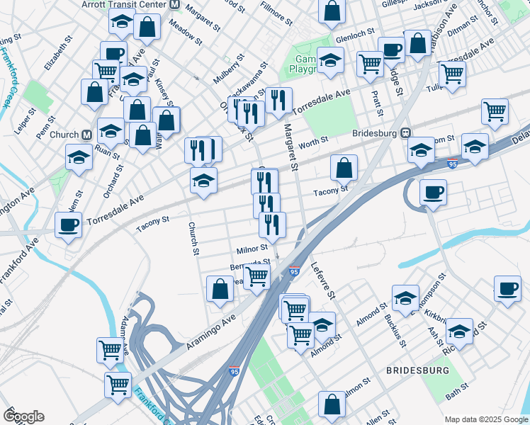 map of restaurants, bars, coffee shops, grocery stores, and more near 2316 Orthodox Street in Philadelphia