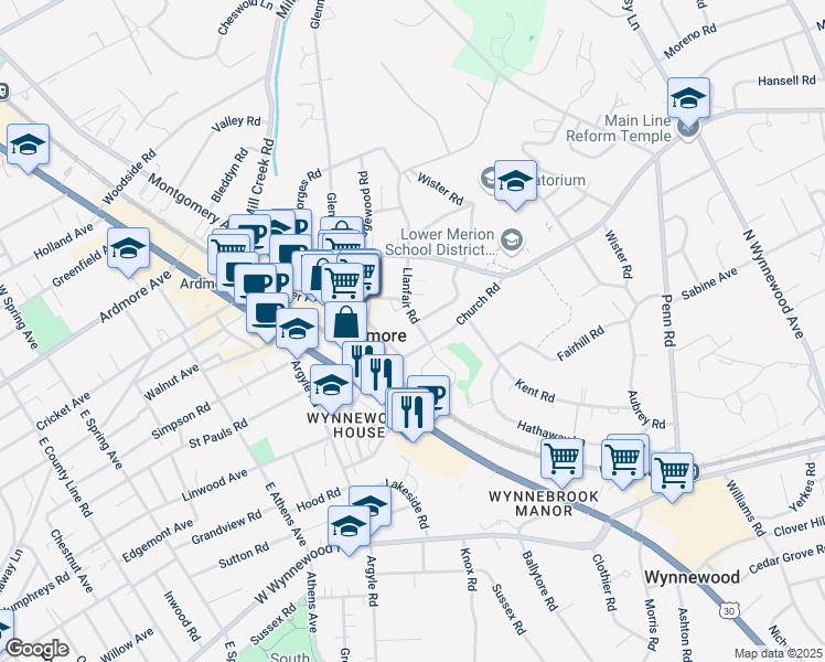 map of restaurants, bars, coffee shops, grocery stores, and more near 10 Llanfair Road in Ardmore