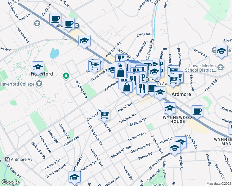 map of restaurants, bars, coffee shops, grocery stores, and more near 112 Cricket Avenue in Ardmore