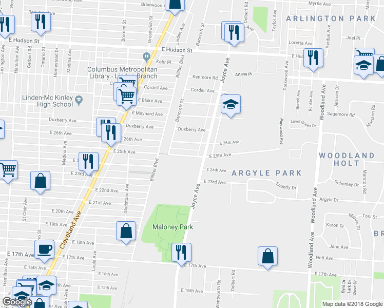map of restaurants, bars, coffee shops, grocery stores, and more near 1630 East 25th Avenue in Columbus
